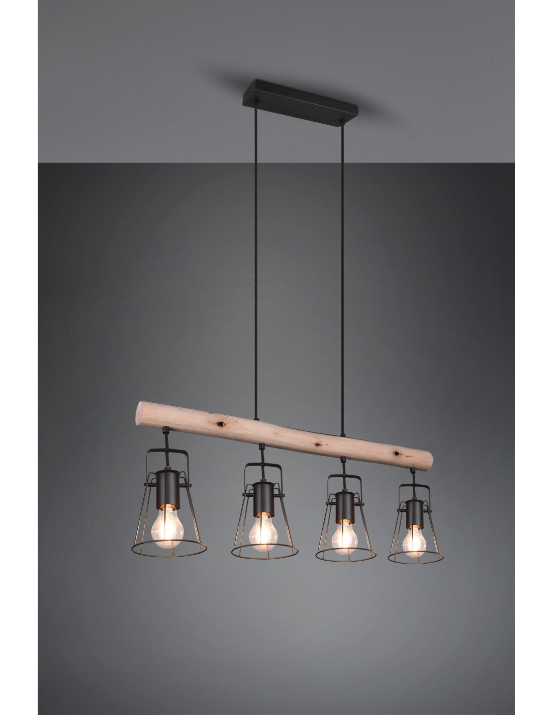 Suspensión Barra De Madera 4 Luces Jaipur Industrial Vintage Negro Y Madera Trio Iluminación