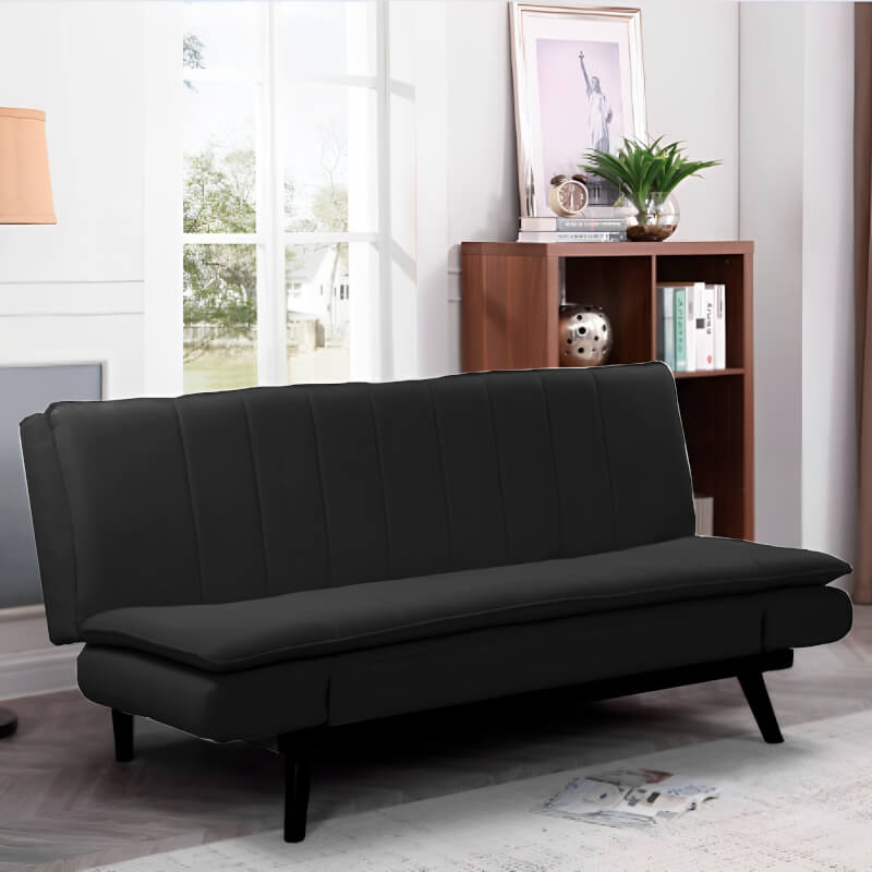 Sofá cama Kyl de tela gris oscuro con patas de metal negro