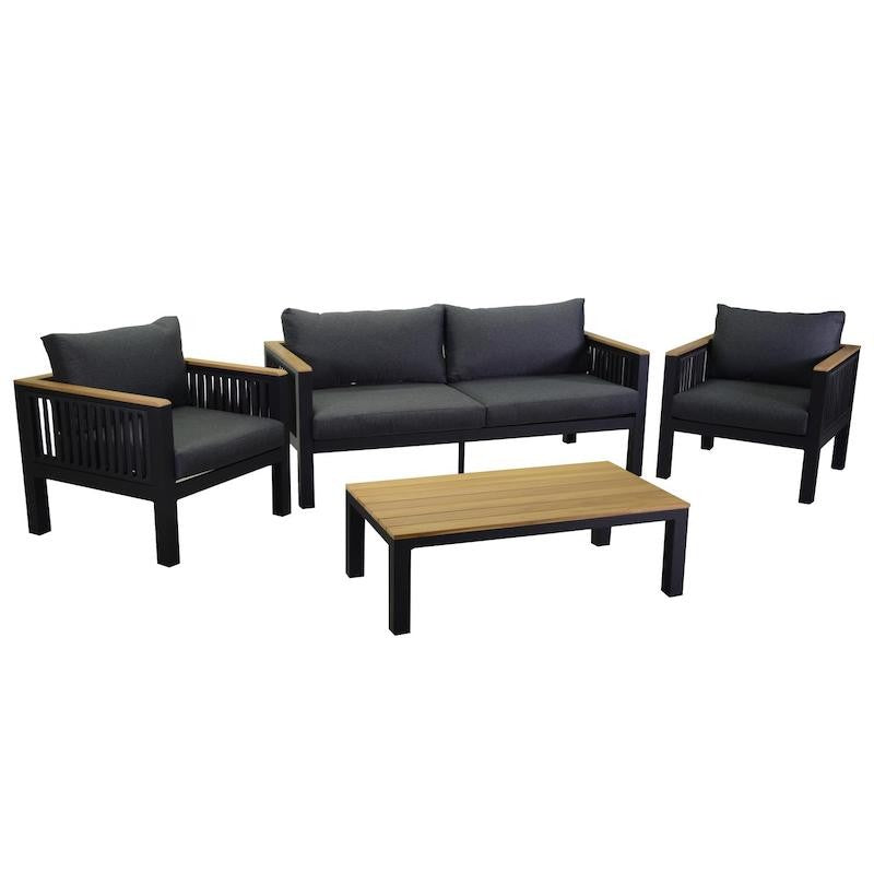 Salotto Alluminio Idaho Pozzo 2P Antracite con Cuscini Antracite e Tavolo Legno