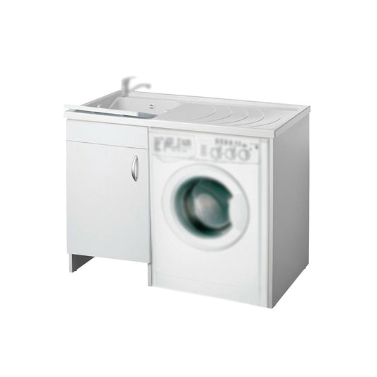 Mueble de madera con fregadero y tapa para lavadora.