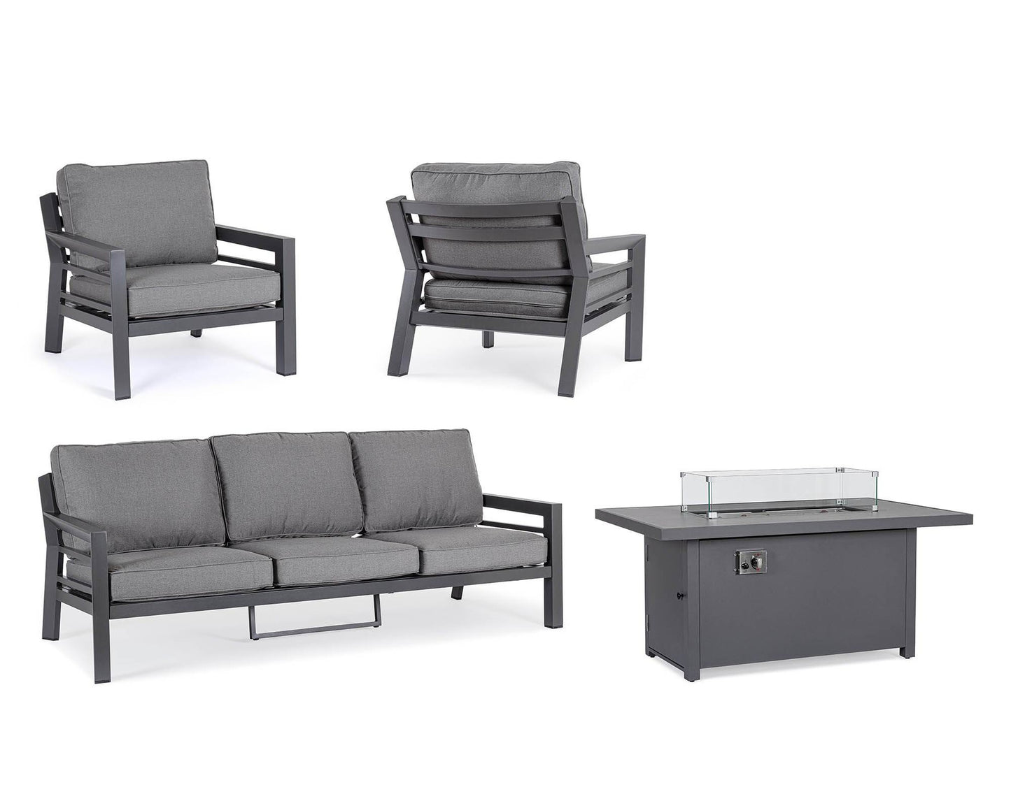 Set 4 Pz Salotto con Cuscino Hendrix Antracite in Alluminio, Acciaio, Vetro e Poliestere