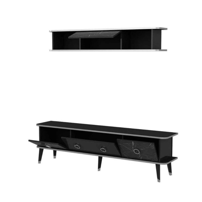 Mueble TV con mueble alto Bientv 180 efecto mármol negro con detalles plateados