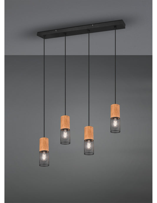 Tosh Suspensión Negro 4xE27 Jaula de madera y metal L65 cm Trio Lighting