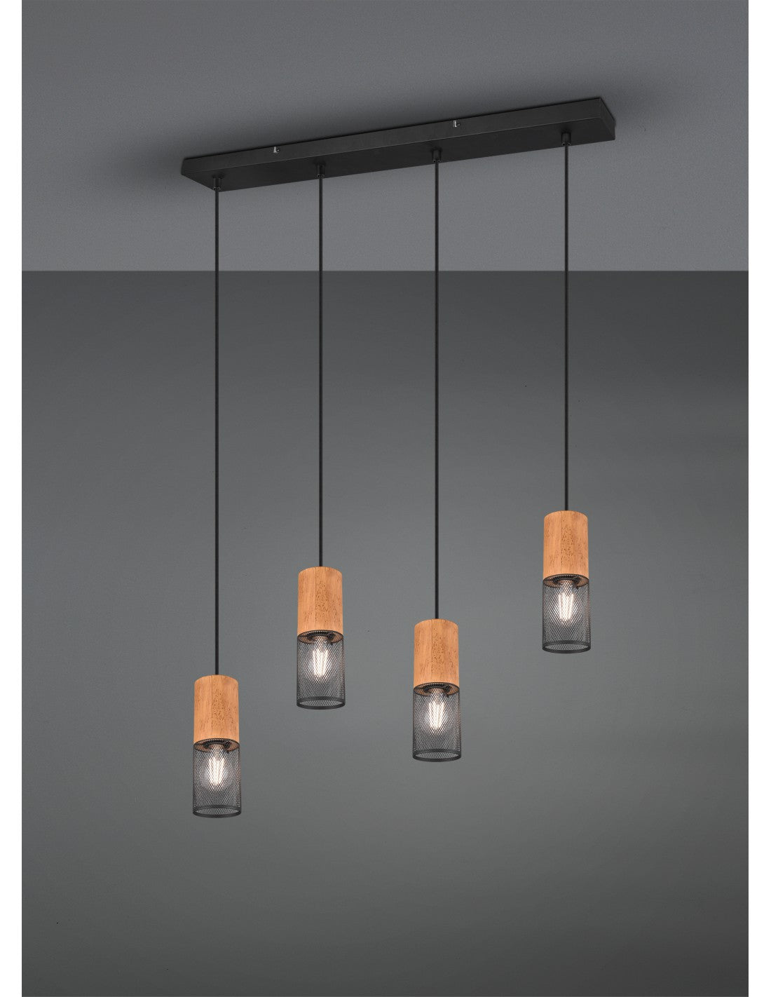 Tosh Suspensión Negro 4xE27 Jaula de madera y metal L65 cm Trio Lighting