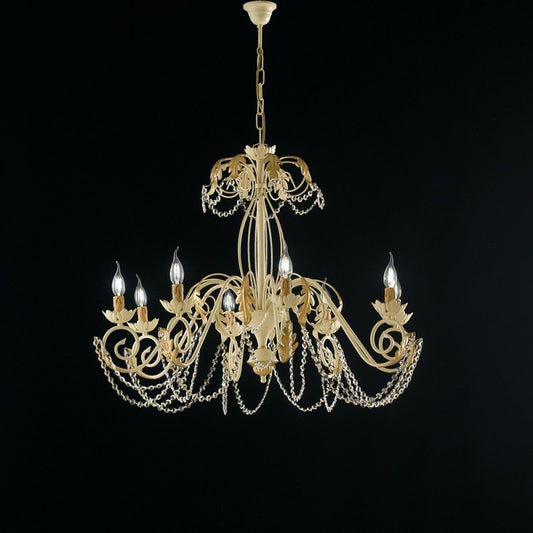 Araña de hierro marfil Decape y oro con pedrería damasco ocho luces 90x h70 cm