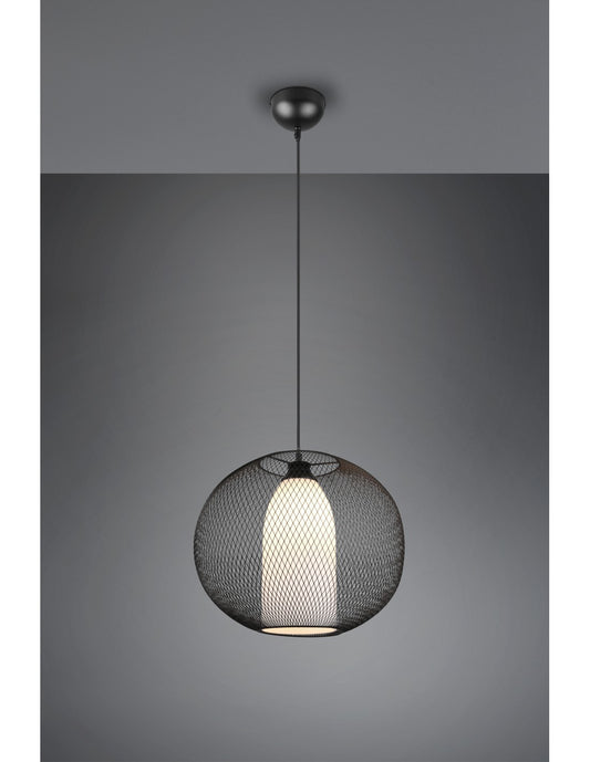 Difusor de lámpara de suspensión, jaula redonda de metal negro con iluminación de trío de alambre de vidrio opalino