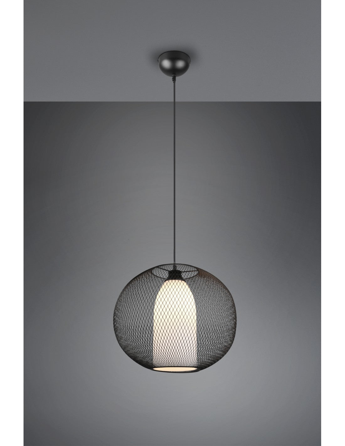 Difusor de lámpara de suspensión, jaula redonda de metal negro con iluminación de trío de alambre de vidrio opalino