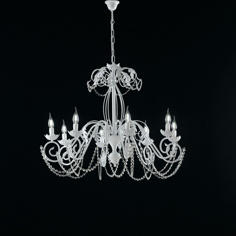 Araña de hierro Shabby blanca con pedrería damasco ocho luces 90x h70 cm