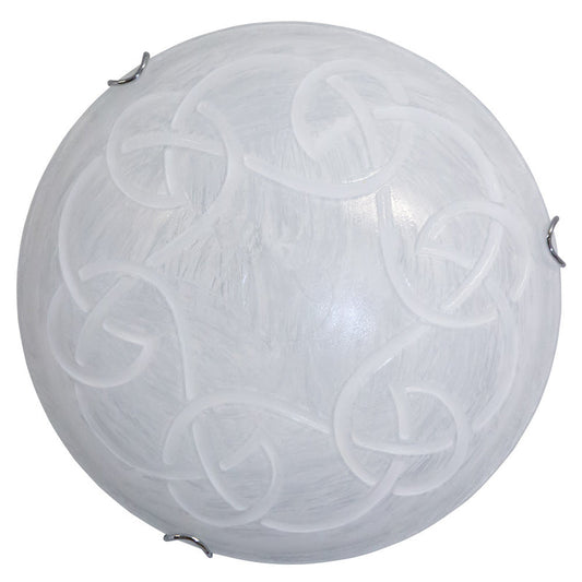 Plafón 2xE27 con ganchos cromados y cristal rayado blanco.