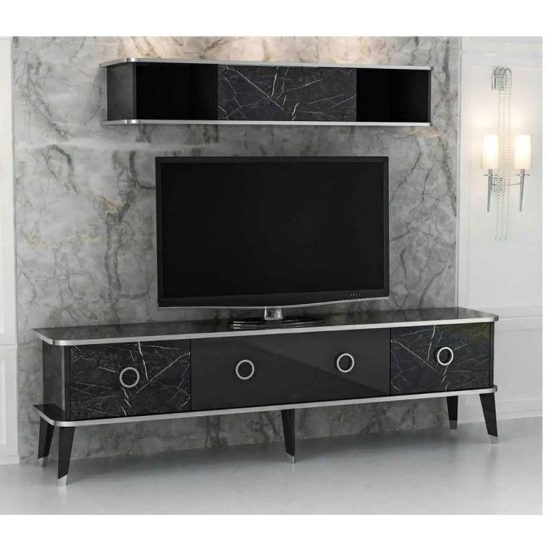 Mueble TV con mueble alto Bientv 180 efecto mármol negro con detalles plateados