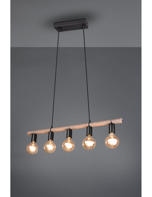 Lámpara colgante vintage con barra Einar negra y cuerda de iluminación Trio