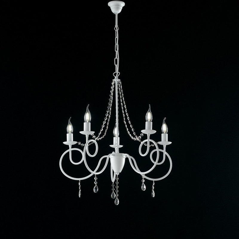 Araña de hierro blanco con cinco luces, decoración de strass desgastada 58x h72 cm