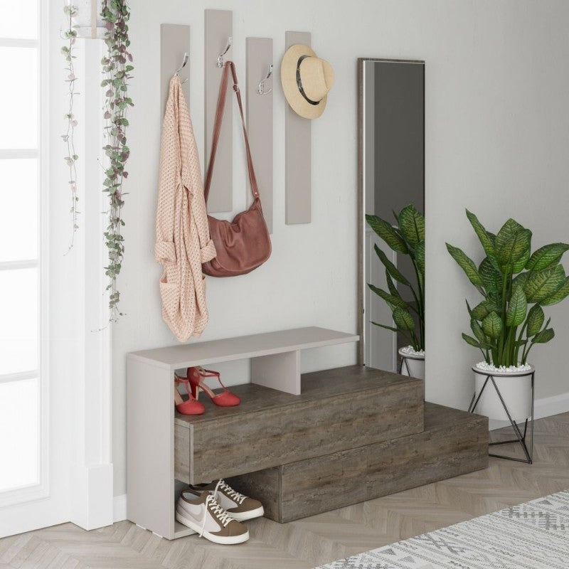 Mueble de entrada gris tórtola y nogal con espejo Ramda 137x35xh154 cm