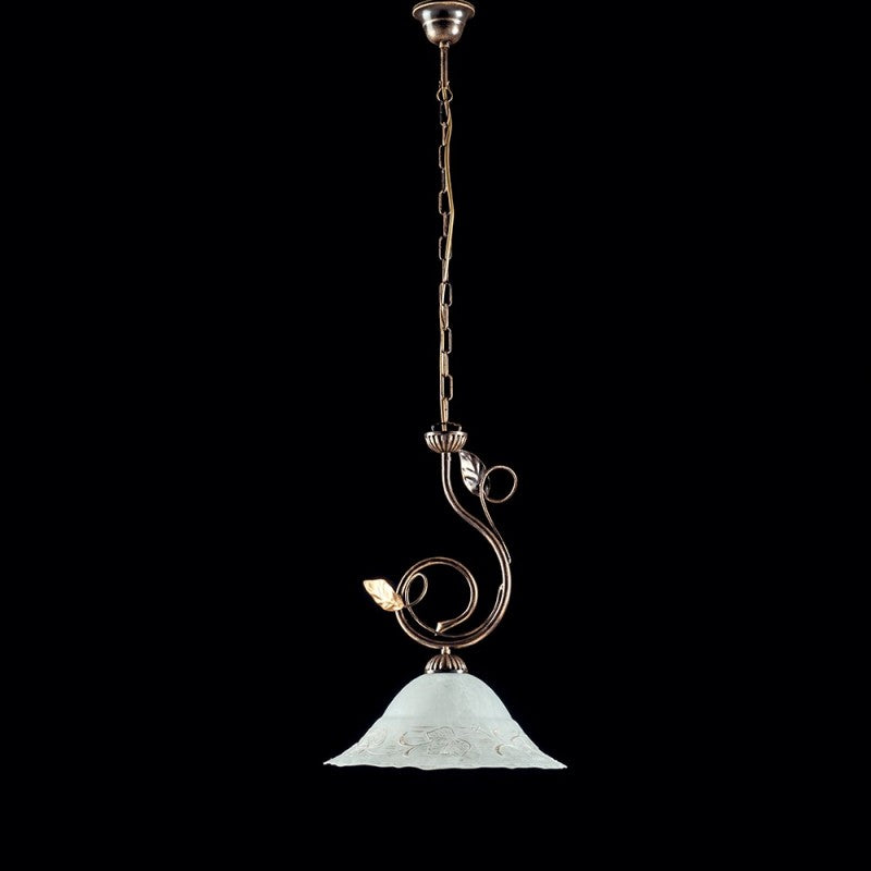 Lámpara de araña de hierro marrón dorado una luz Pantalla de cristal blanco 33x h49 cm