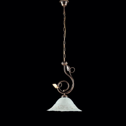 Lámpara de araña de hierro marrón dorado una luz Pantalla de cristal blanco 33x h49 cm