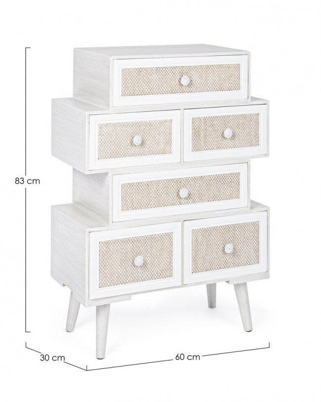 Cómoda Montiel blanca de 6 cajones en madera estilo rústico