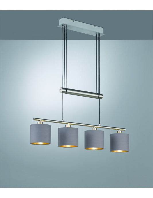 Lámpara de suspensión Garda Nichel con 4 pantallas de tela color topo-oro L 77 cm Trio Lighting