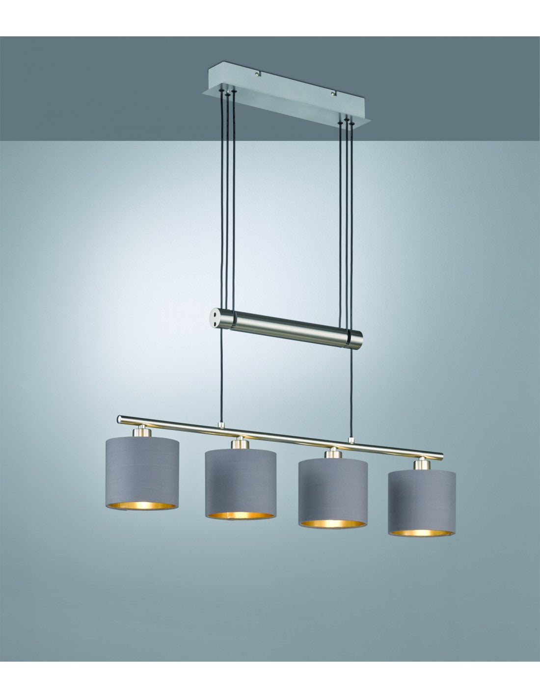 Lámpara de suspensión Garda Nichel con 4 pantallas de tela color topo-oro L 77 cm Trio Lighting