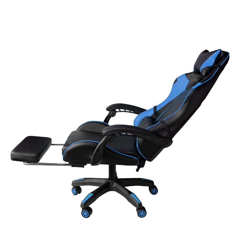 Silla gaming de oficina reclinable de ecopiel con reposapiés Azul y Negro 64x53x h123-133 cm