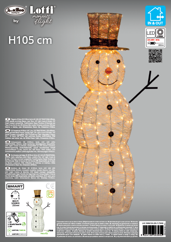 Muñeco de nieve LED 3D H105 cm Serie 220 LED