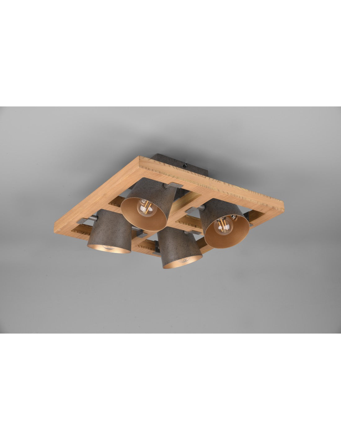 Lámpara de techo cuadrada con 4 focos orientables en madera y metal níquel Bell Trio Lighting