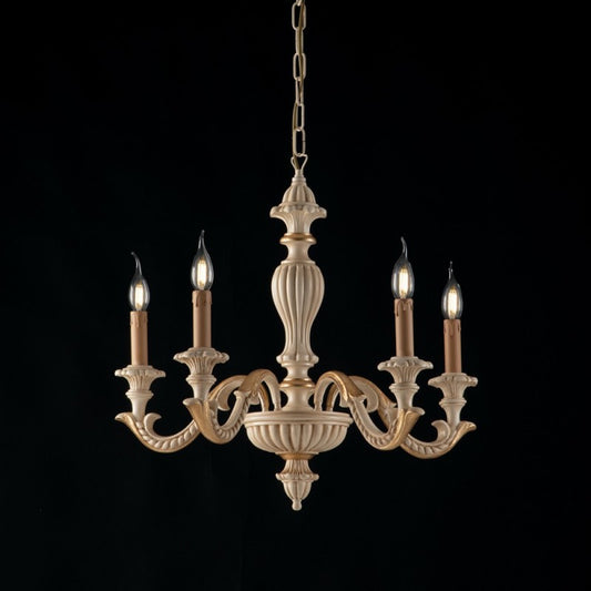 Lámpara de araña de madera color marfil y pan de oro, cinco luces, 53x h57 cm
