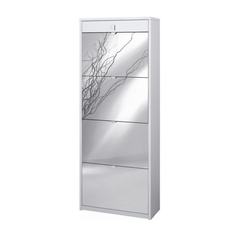 Zapatero con cuatro puertas de espejo y un cajón superior en Blanco Fresno 63x29x h164 cm