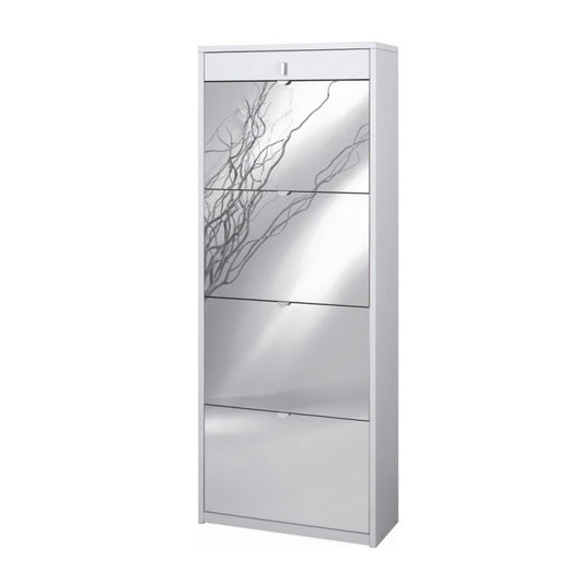 Zapatero con cuatro puertas de espejo y un cajón superior en Blanco Fresno 63x29x h164 cm