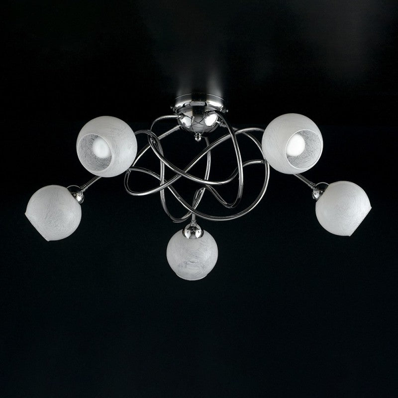Plafón de hierro cromado brillo con cristal blanco 5 luces 70xh. 28cm