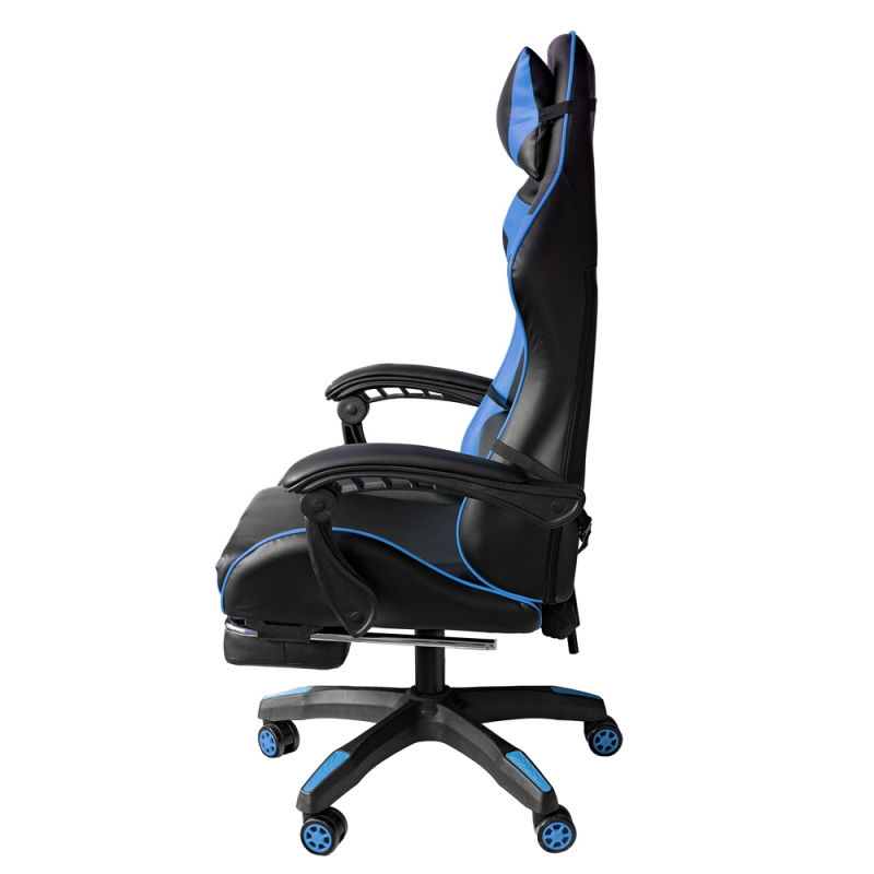 Silla gaming de oficina reclinable de ecopiel con reposapiés Azul y Negro 64x53x h123-133 cm