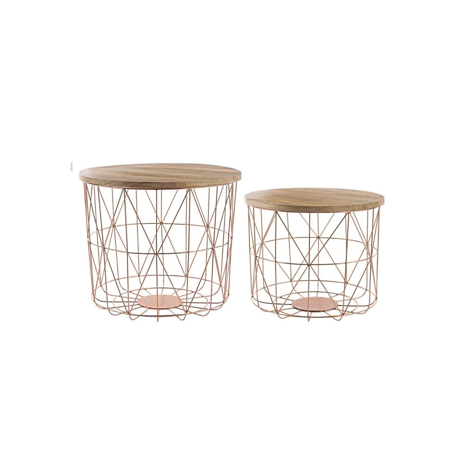 Juego de 2 mesas de centro con contenedor y tejido de cobre.
