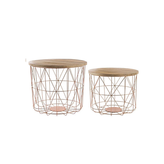 Juego de 2 mesas de centro con contenedor y tejido de cobre.