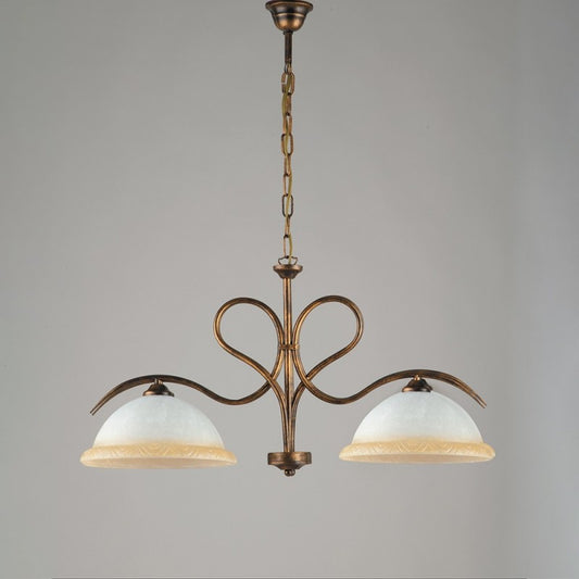 Lámpara de araña de hierro marrón dorado con dos luces de cristal blanco y ámbar 79x h43 cm