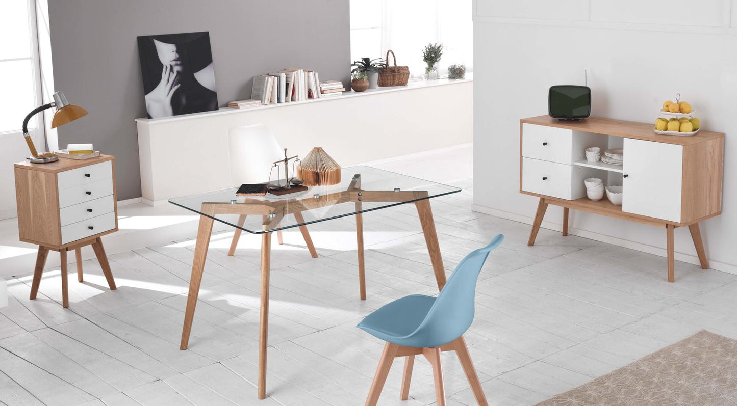 4x Sillas de polipropileno y asiento símil piel azul claro 48,5x52x82h cm