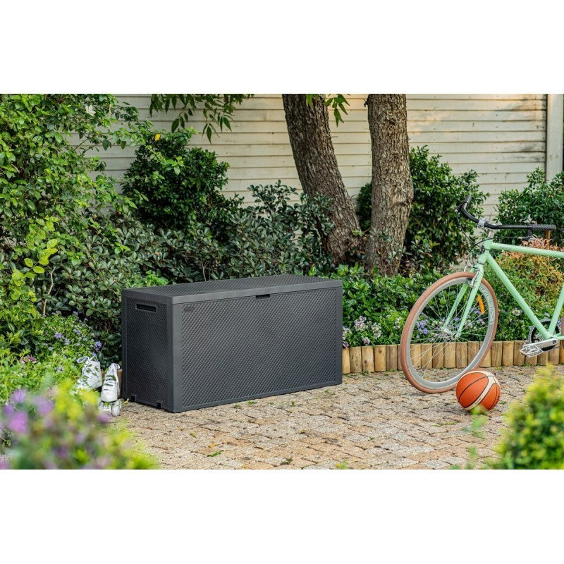 Baúl caja Emily acabado resina tejida grafito 118x45xh.57 cm