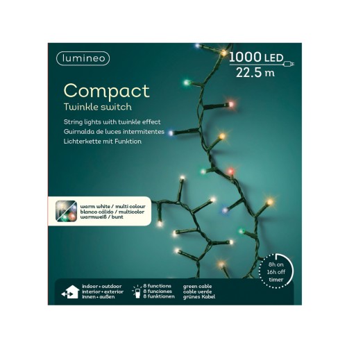 Luces navideñas Kaemingk 1000 LED de color blanco cálido y multicolor, efecto centelleante