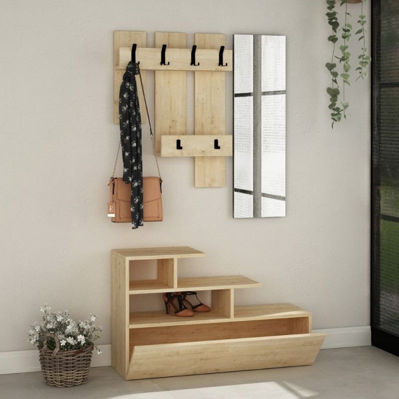 Mueble de entrada de roble con zapatero y espejo Vesty 100x30xh.122 cm