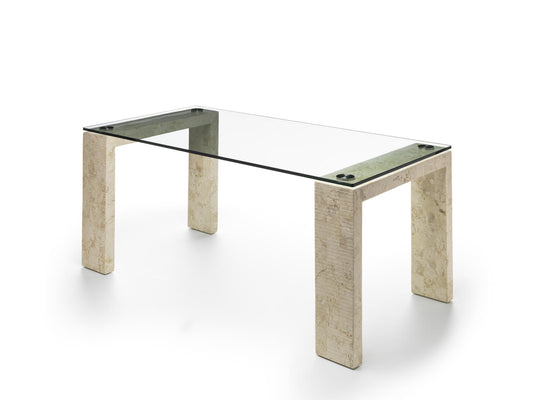 Mesa fija de 180x90 cm con tapa de cristal templado y patas y base beige