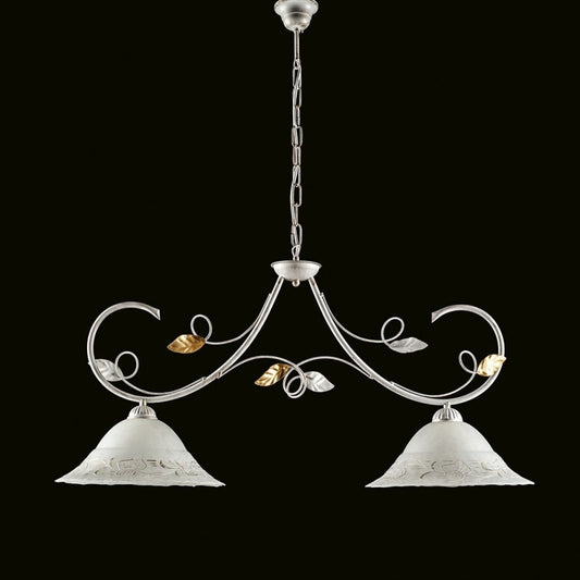 Lámpara de araña de hierro blanco dorado con dos luces, pantalla de cristal blanco 94x h49 cm