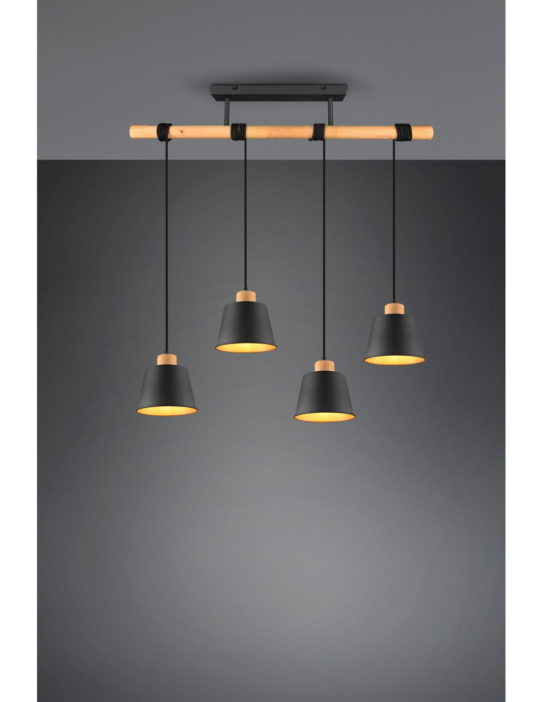 Lámpara de araña de barra de madera con 4 pantallas, iluminación Harris Trio de oro negro