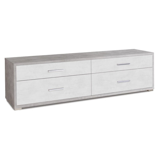 Mueble TV bajo de madera con cuatro cajones cemento blanco 179x47x h50 cm