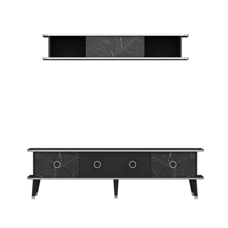 Mueble TV con mueble alto Bientv 180 efecto mármol negro con detalles plateados