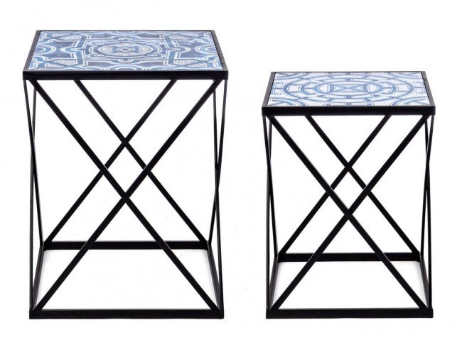 Juego de 2 mesas de centro NEAPOLIS de acero con tapa de MDF decorada con estampado 55h 47h cm