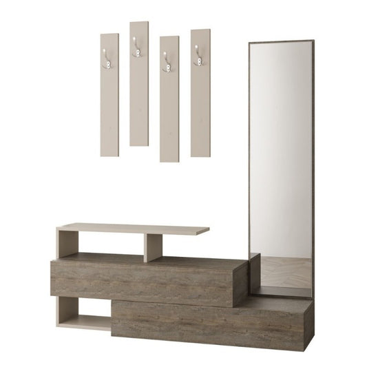Mueble de entrada gris tórtola y nogal con espejo Ramda 137x35xh154 cm