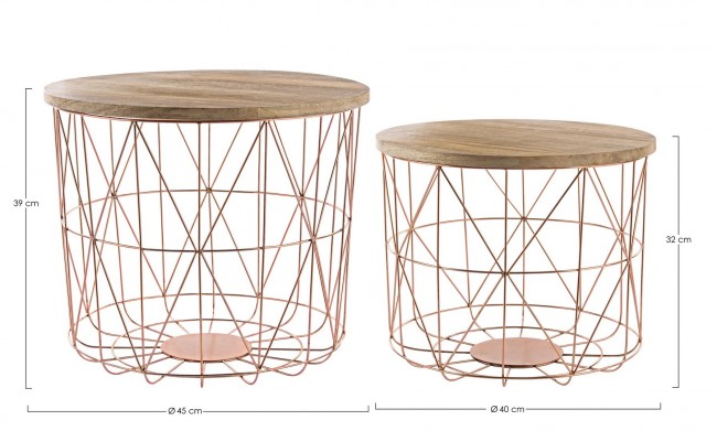 Juego de 2 mesas de centro con contenedor y tejido de cobre.