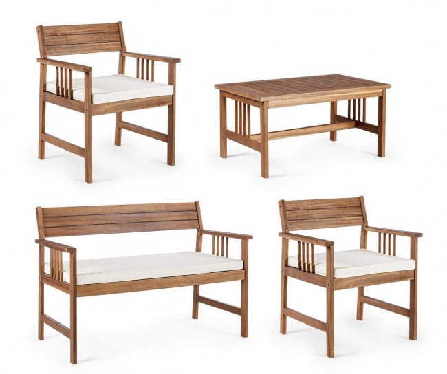 Conjunto de salón Noemí de madera de acacia con cojines.