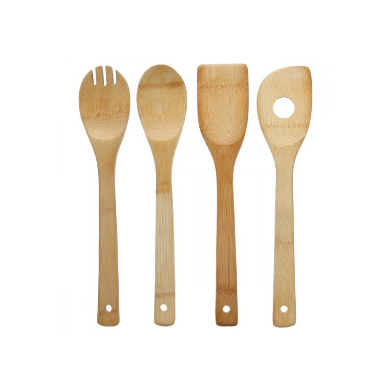 Set de 4 utensilios de cocina en bambú natural.