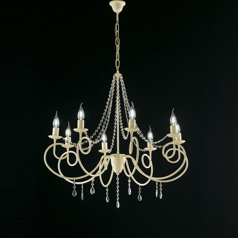 Araña de hierro marfil con ocho luces, decoración decapada y pedrería, 80x h75 cm