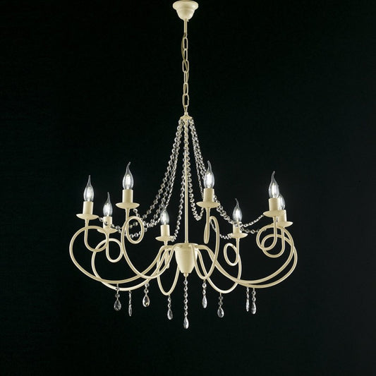 Araña de hierro marfil con ocho luces, decoración decapada y pedrería, 80x h75 cm