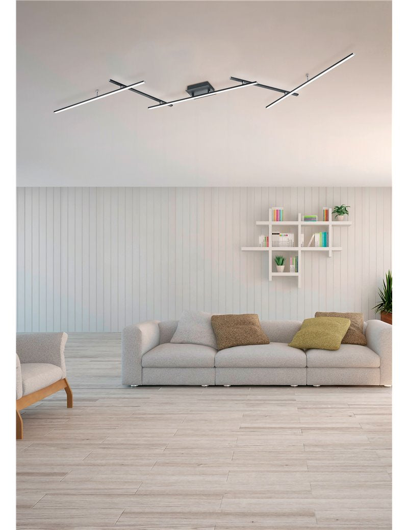 Plafón LED Arvin con varillas orientables, retroiluminación RGB negra con mando a distancia multifunción l. LED moderno de 245 cm.